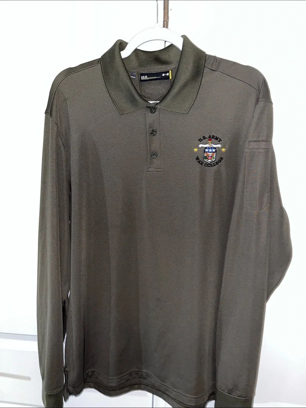 U. S. Army War College Under Armour Green Golf Polo LS Military shirt L LG mens
